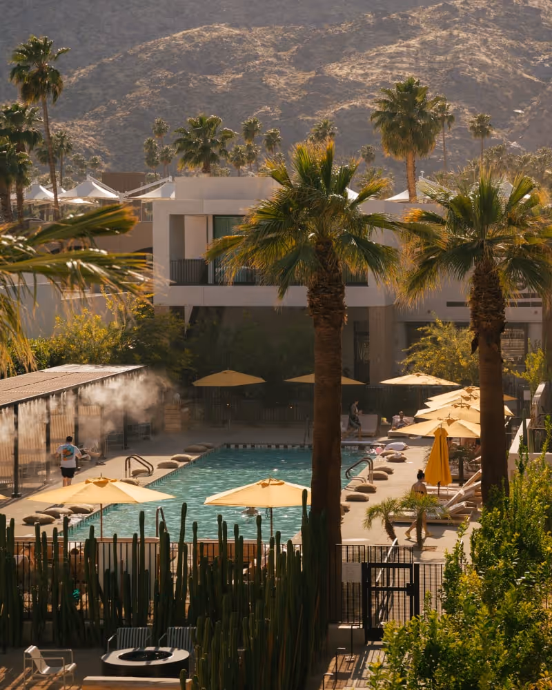 Piscina de Drift Palm Springs con sombrillas amarillas, palmeras y montañas al fondo